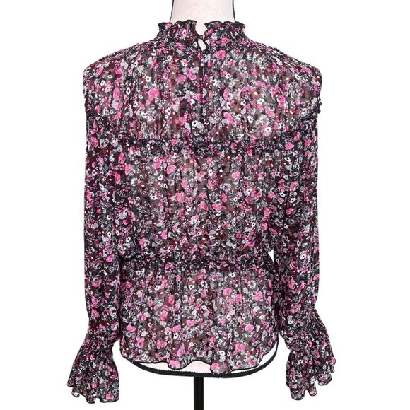 Zara Sheer Floral Smocked Ruffle Blouse Black Pink Puff Sleeve Top Sz Small - Picture 3 of 7